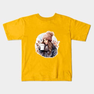 Winter girl with a hot coffee Kids T-Shirt